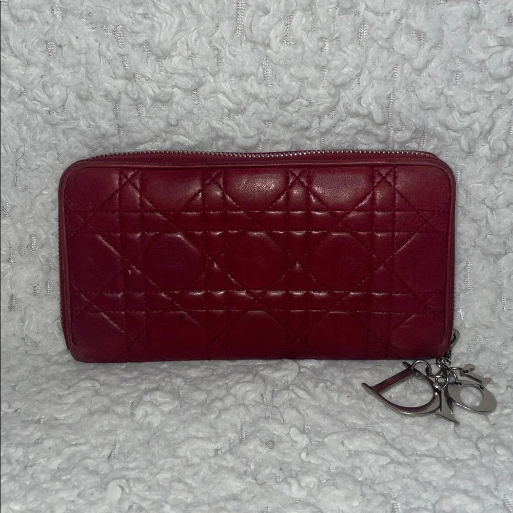 Christian Dior Voyageur Cannage Quilted Lady Dior Leather Zip Long Wallet in Red